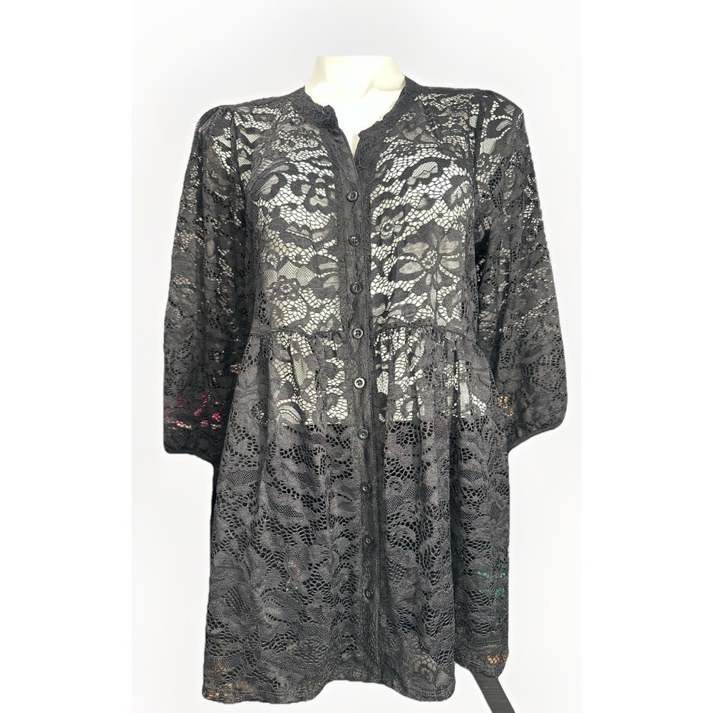 Torrid Babydoll Sheer Lace Button Down Tunic Top Deep Black Size 0/L/12 NWT - Picture 2 of 11